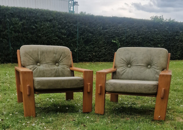 1970s Green leather Bonanza lounge chairs by Esko Pajamies
