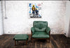 Mid century modern German green leather lounge chair and stool