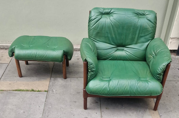Mid century modern German green leather lounge chair and stool