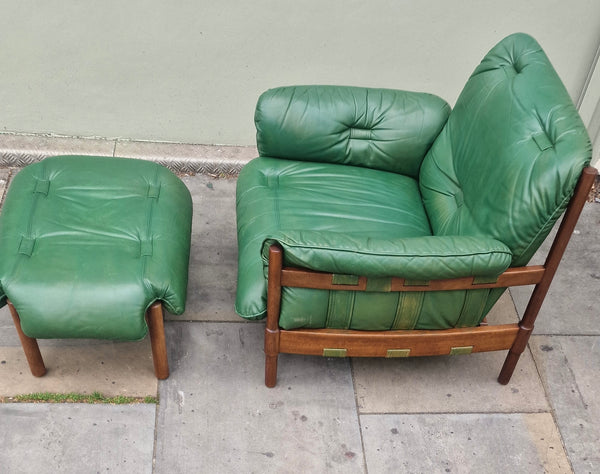 Mid century modern German green leather lounge chair and stool