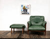 Mid century modern German green leather lounge chair and stool