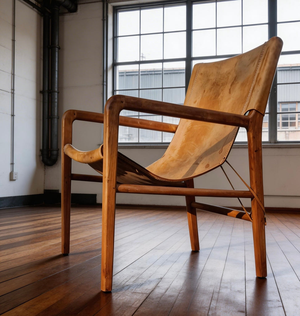 Tan leather sling armchair