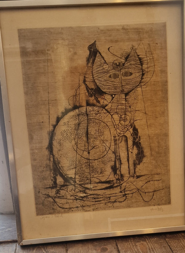 etching by artist Johnny Friedlaender titled Chat au Soleil from 1955